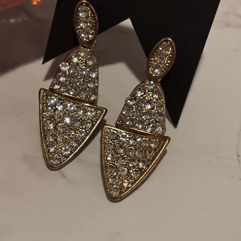 Gold-Tone Geometric Double Triangle Drop Earrings with Pavé Crystals - Picture 9 of 12